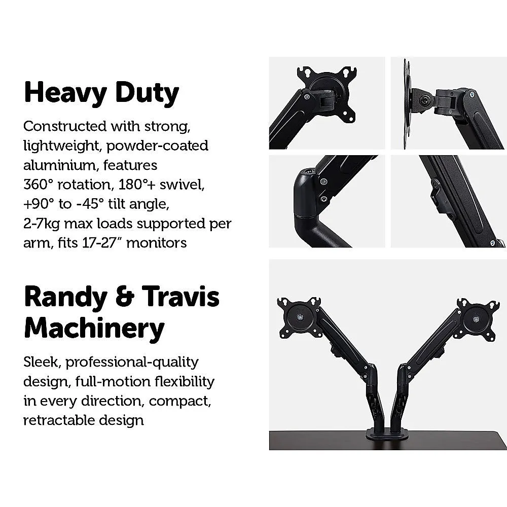 Dual Screen Gas-Strut Aluminum Monitor Stand with Cable Management