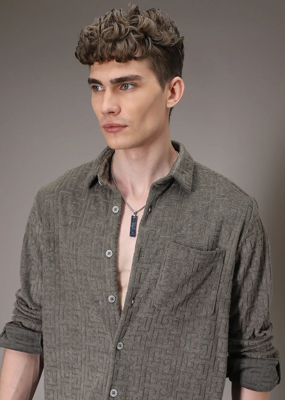 Grey Jacquard Towelling Camp Shirt