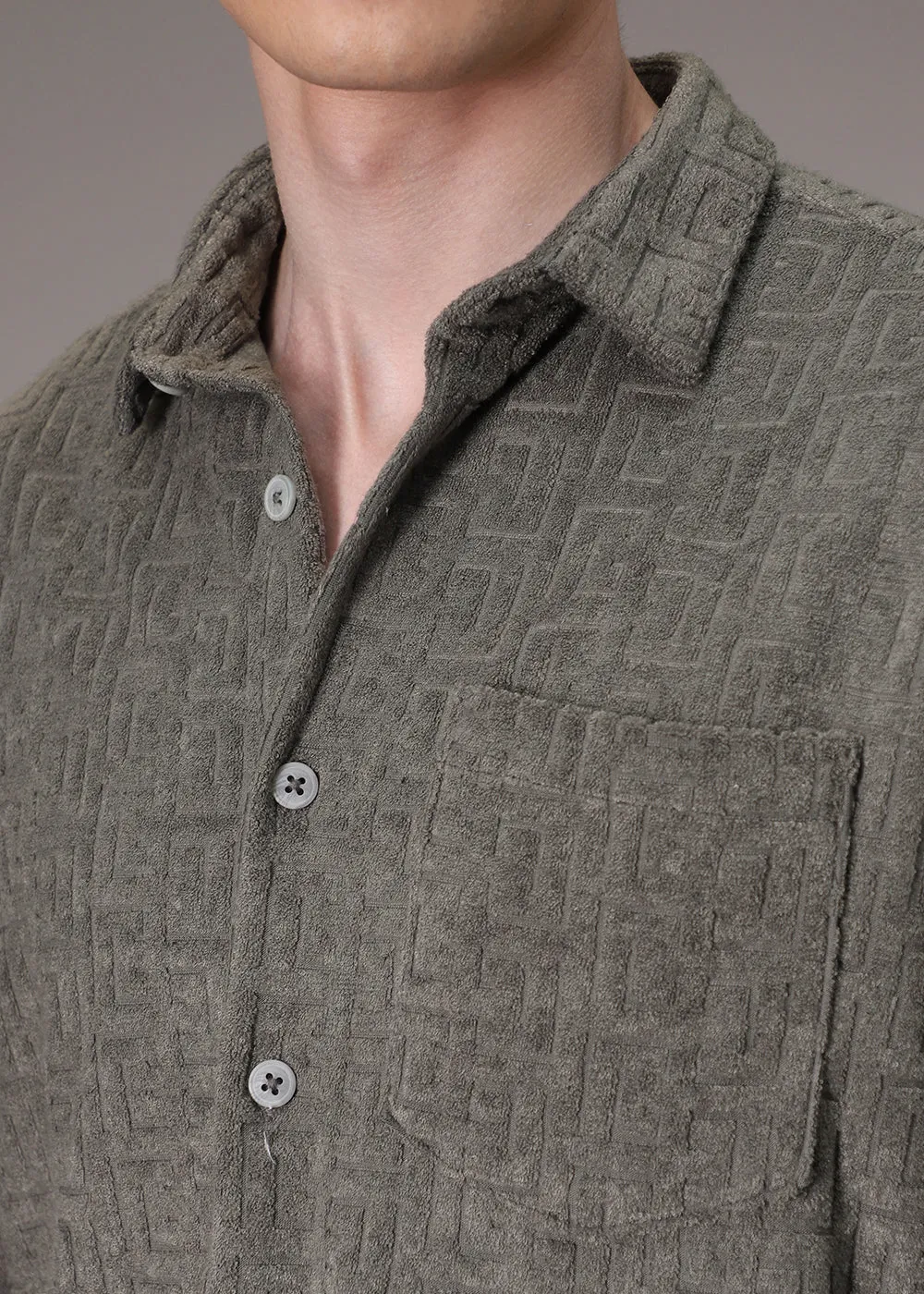 Grey Jacquard Towelling Camp Shirt