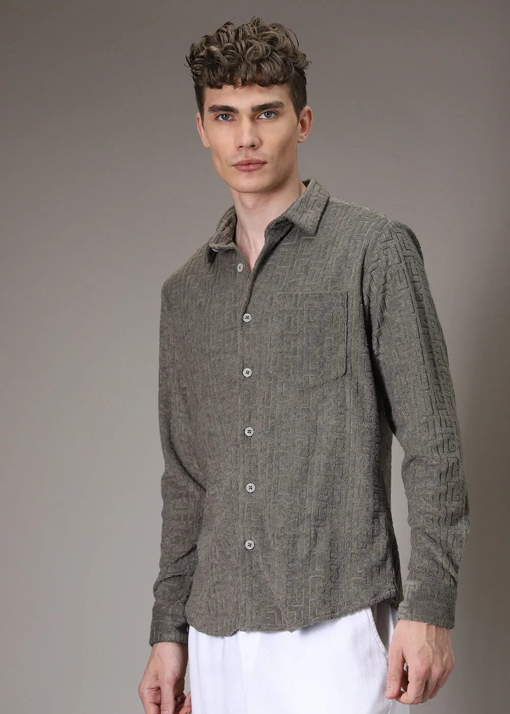 Grey Jacquard Towelling Camp Shirt