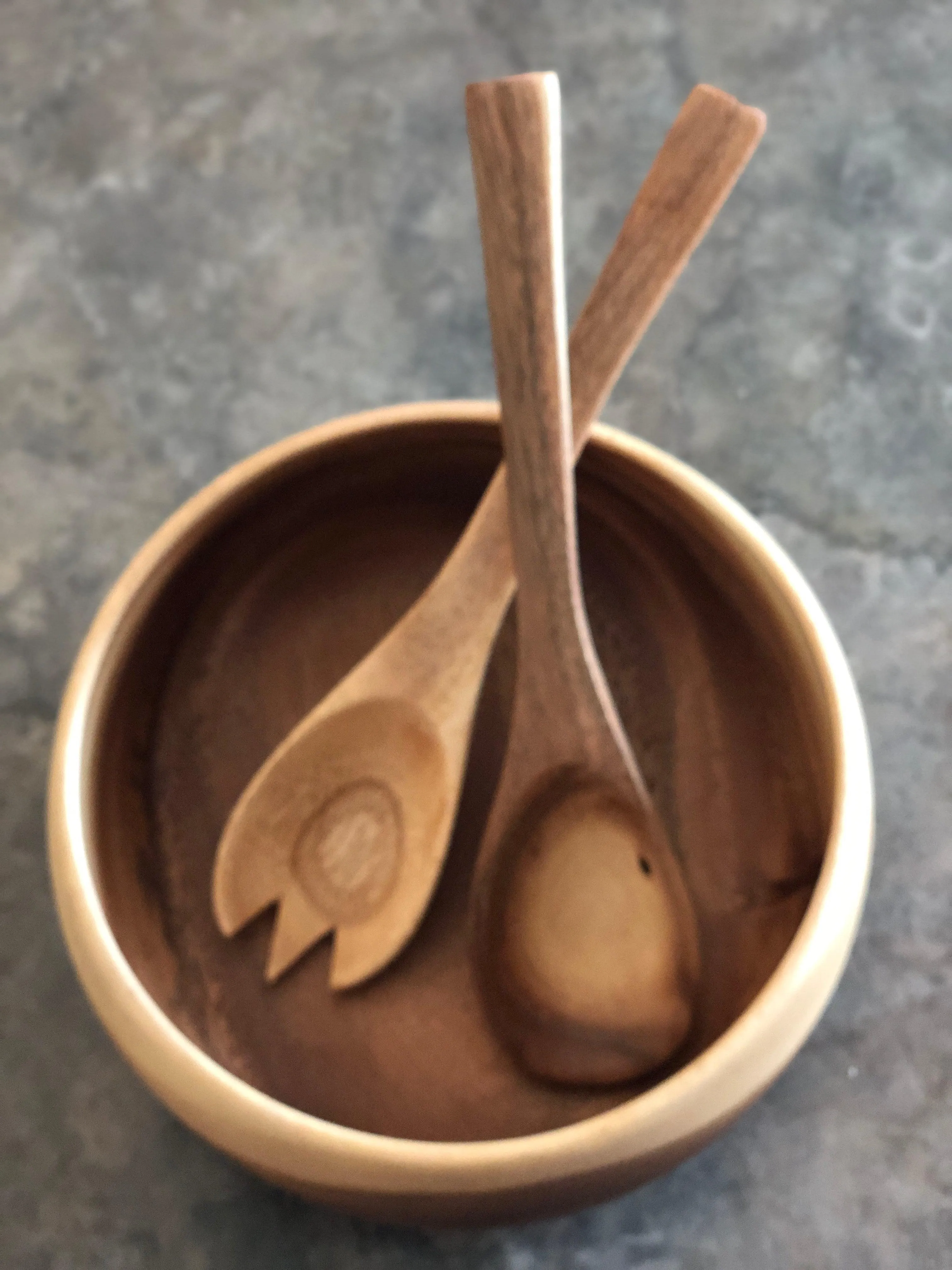 Hand Carved Salad Bowl Set -Acacia Wood 10" Bowl & Salad Servers- Fair Trade