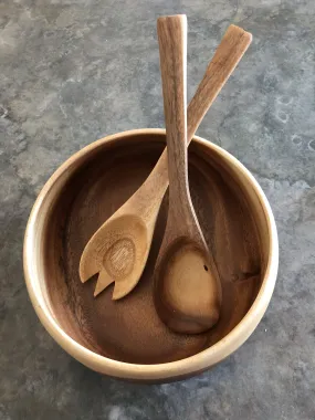 Hand Carved Salad Bowl Set -Acacia Wood 10" Bowl & Salad Servers- Fair Trade