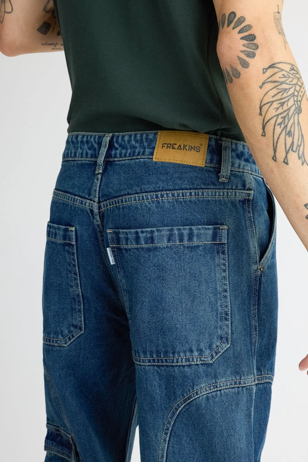 Men's Side Seam Indigo Cargo Jeans