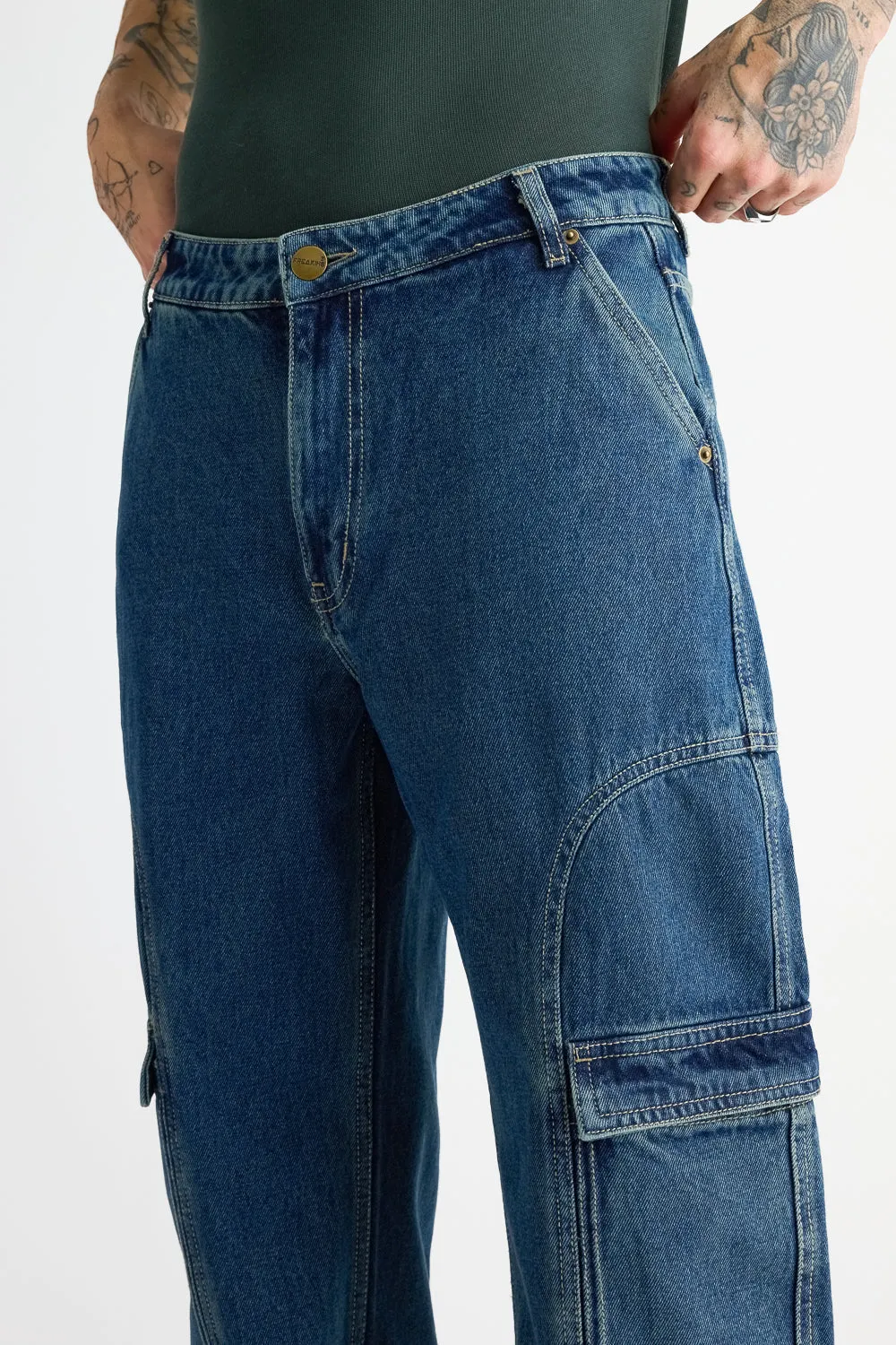 Men's Side Seam Indigo Cargo Jeans