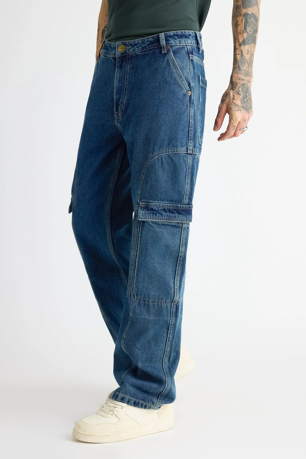 Men's Side Seam Indigo Cargo Jeans