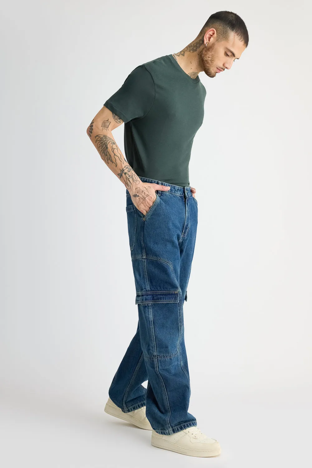 Men's Side Seam Indigo Cargo Jeans