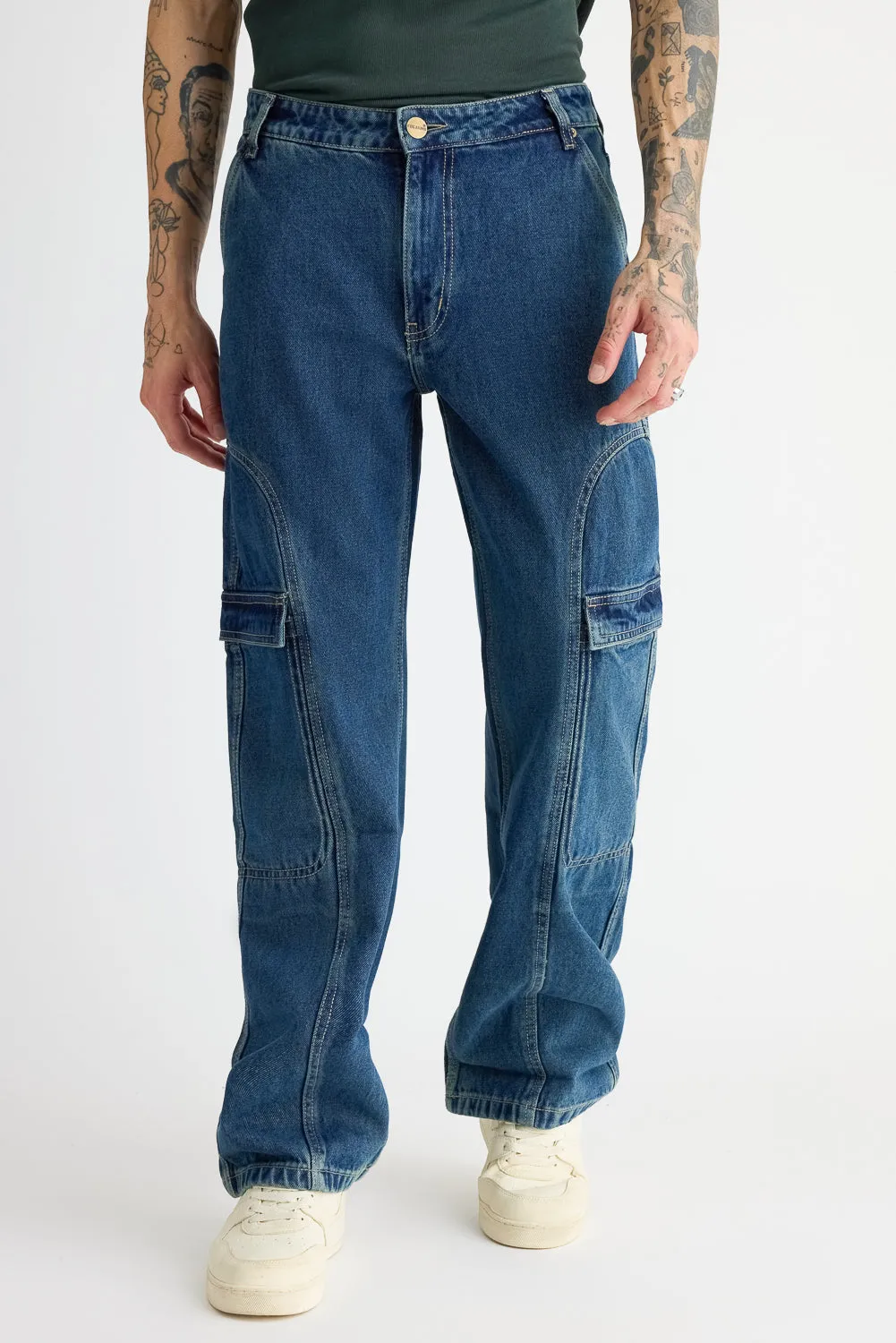 Men's Side Seam Indigo Cargo Jeans