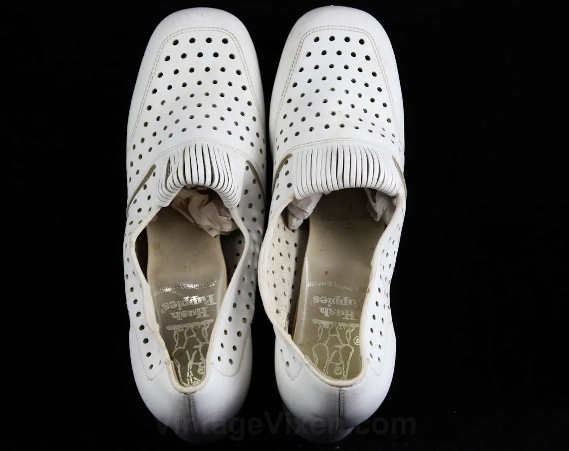 Never Worn Size 6 M 1960s Shoes - White Polka Dot Perforated Pumps - Deco 20s Inspired Style - Dotted Leather - Mod 60s Deadstock - 6M