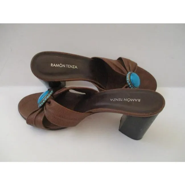 Ramon Tenza Brown Slide Slip On Lizard Turquoise Sandals Size Us
