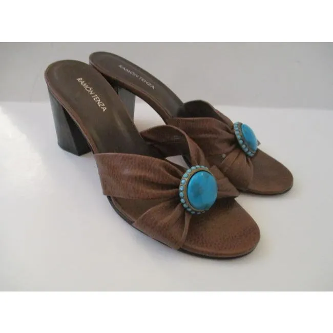 Ramon Tenza Brown Slide Slip On Lizard Turquoise Sandals Size Us