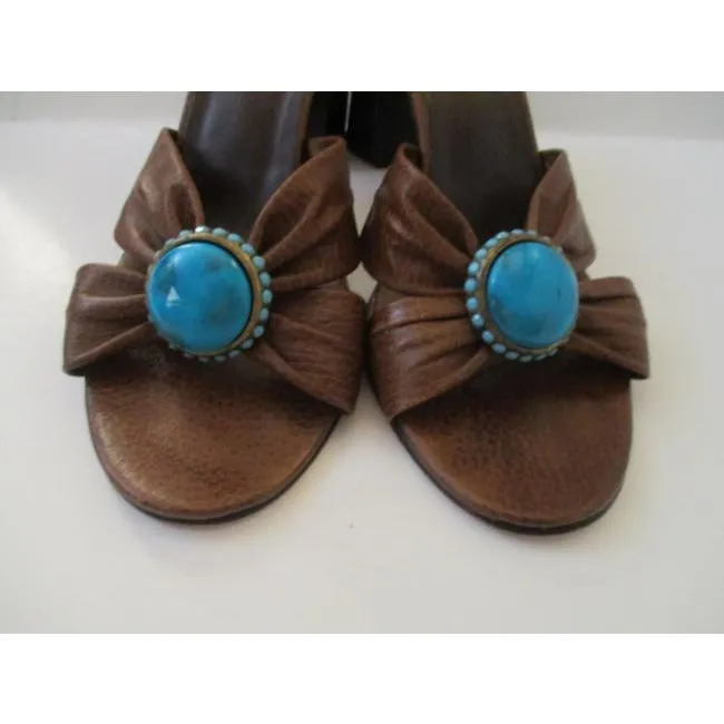 Ramon Tenza Brown Slide Slip On Lizard Turquoise Sandals Size Us
