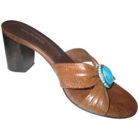 Ramon Tenza Brown Slide Slip On Lizard Turquoise Sandals Size Us