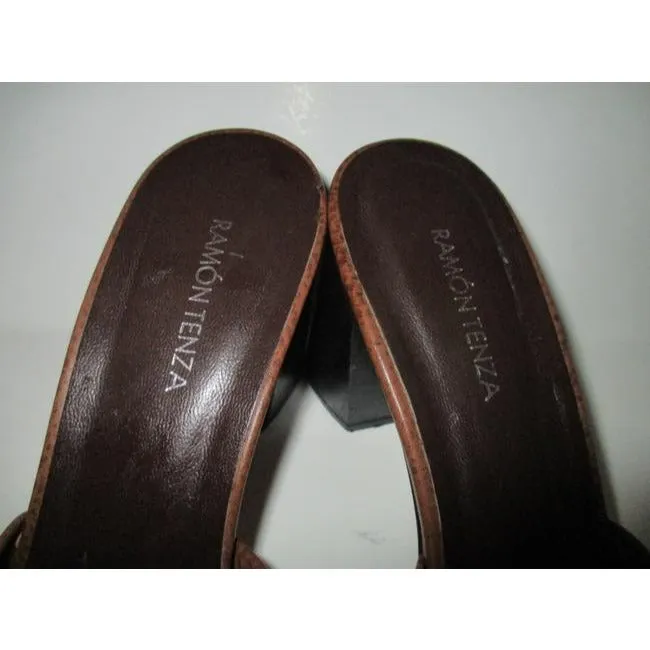 Ramon Tenza Brown Slide Slip On Lizard Turquoise Sandals Size Us