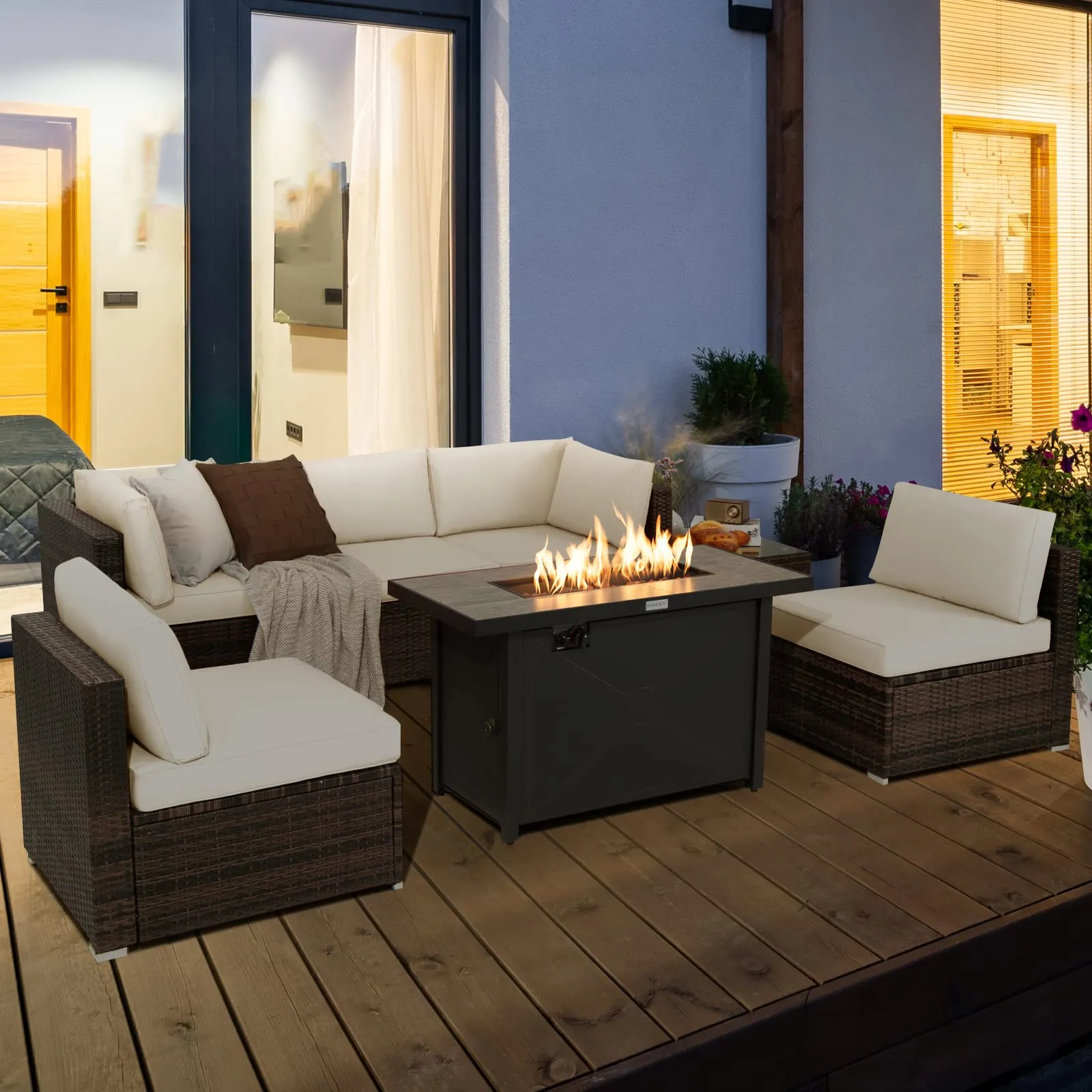 Tangkula 7 Piece Patio Furniture Set with Fire Pit Table, Includes 42 Inches 60,000 BTU Propane Rectangle Fire Pit Table