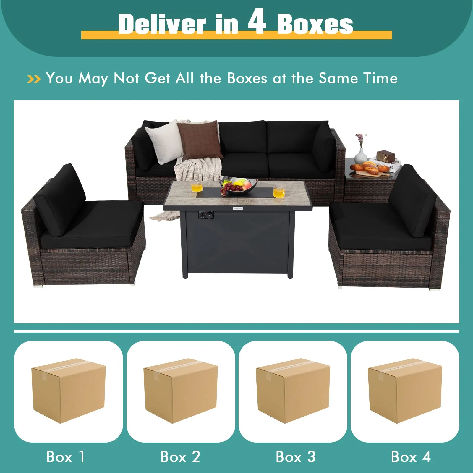 Tangkula 7 Piece Patio Furniture Set with Fire Pit Table, Includes 42 Inches 60,000 BTU Propane Rectangle Fire Pit Table