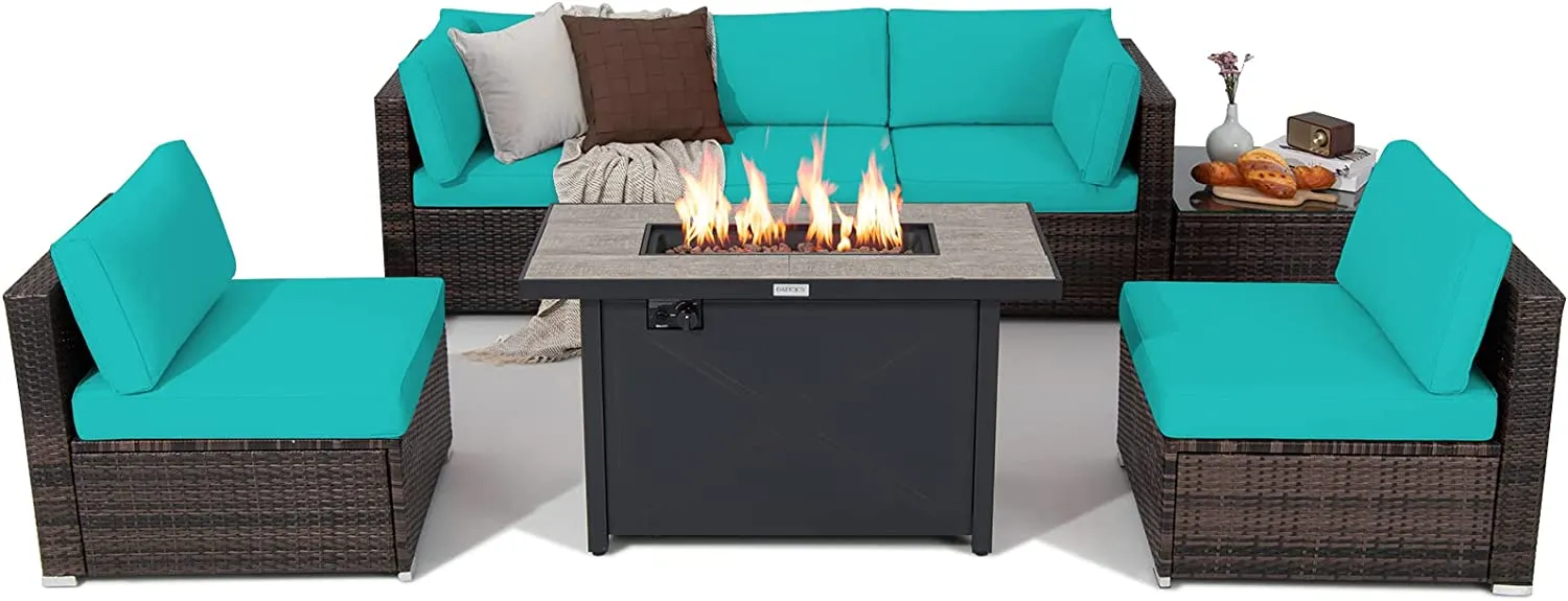 Tangkula 7 Piece Patio Furniture Set with Fire Pit Table, Includes 42 Inches 60,000 BTU Propane Rectangle Fire Pit Table