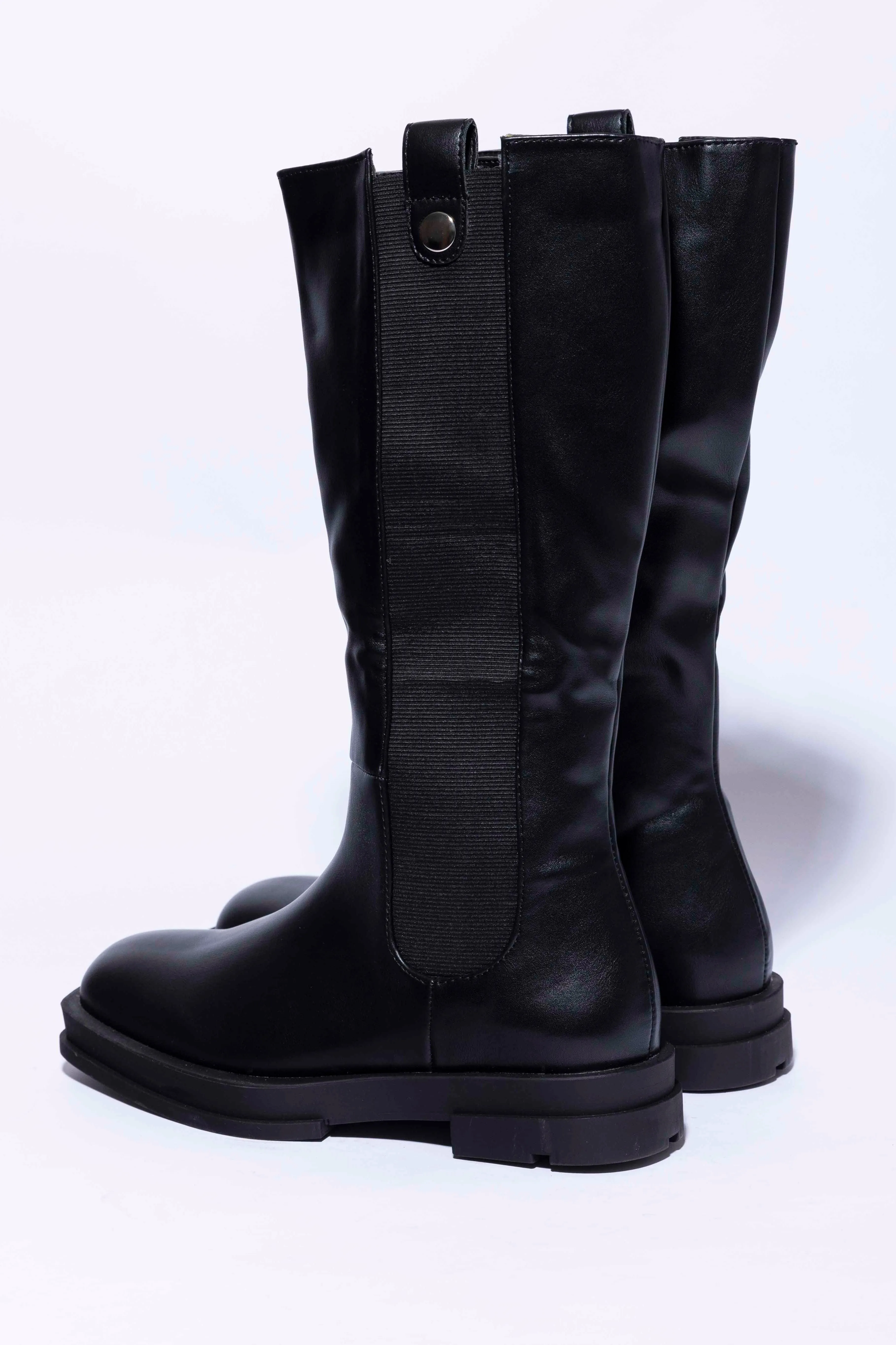 Vegan Leather Square Toe Elasticated Embellished Detail Black Boots